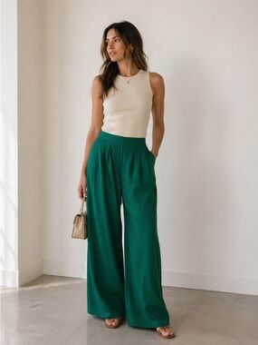 Spring + Mercer Emerald Green Wide Leg Palazzo Pants Resort Vacation L
